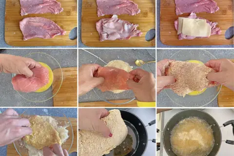Preparazione delle bistecche alla valdostana: carne, prosciutto, formaggio, uovo e pangrattato per una deliziosa impanatura.